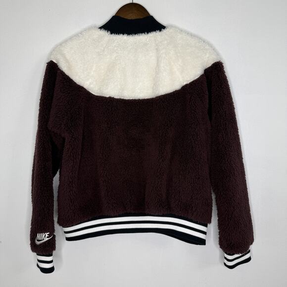 Nike Jacket Womens Medium Burgundy White Sherpa Fleece Bomber Full Zip Varsity - Picture 6 of 8
